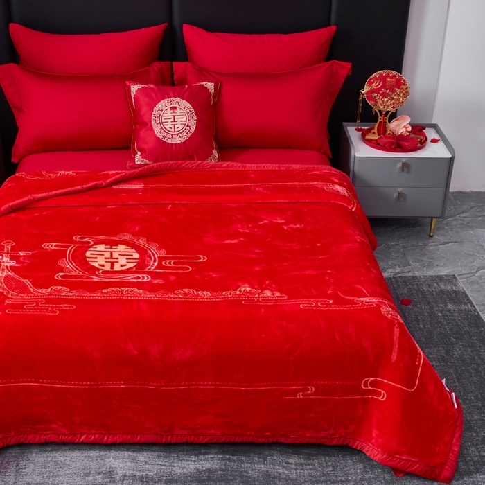 91家纺网 家纺一手货源 找家纺 凯轩毛毛毯毯子网销专供 2024新款新中式大版印花双层云毛毯毯子 云纹喜字