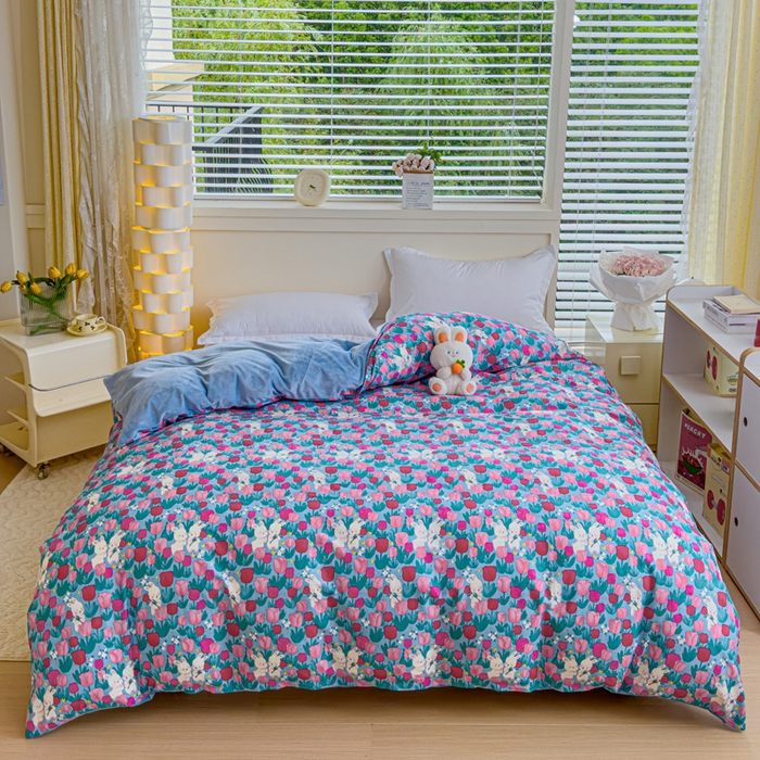 91家纺网 家纺一手货源 找家纺 清雅福 2024新款小清新ins棉加绒印花四件套系列-棉绒风格一 棉绒爱情兔