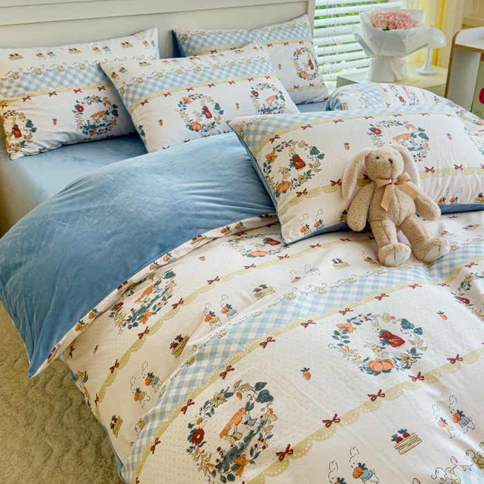 91家纺网 家纺一手货源 找家纺 清雅福 2024新款小清新ins棉加绒印花四件套系列-棉绒风格一 棉绒维西兔