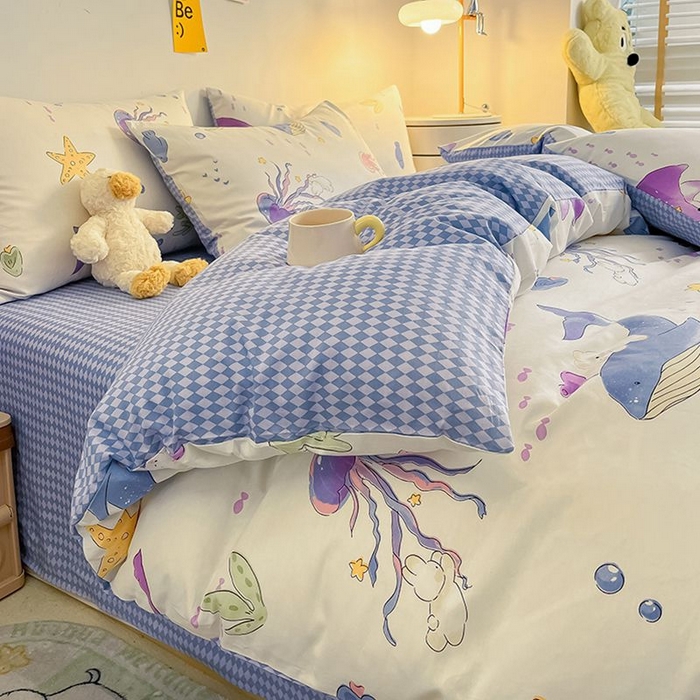 91家纺网 家纺一手货源 找家纺 麦伦家居 2024全棉斜纹13372小清新碎花卡通系列四件套 海底世界