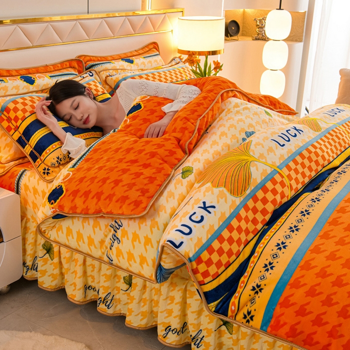 91家纺网 家纺一手货源 找家纺 金柚子 2024新款加厚牛奶绒四件套 一叶知秋