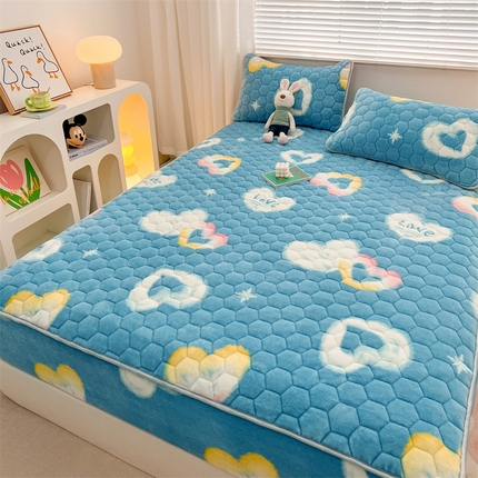 梦舒羽 2025新款牛奶绒夹棉床笠三件套床罩床单床盖护垫套 彩虹甜心