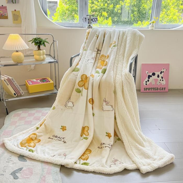 91家纺网 家纺一手货源 找家纺 沐慕 2024新款AB版牛奶绒拼羊羔绒毛毯毯子 毛毯-花漾兔