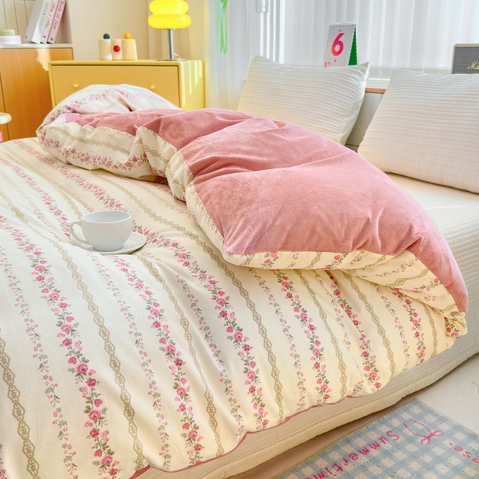 91家纺网 家纺一手货源 找家纺 清雅福 2024新款小清新ins棉加绒印花四件套系列-棉绒风格二 玫瑰物语