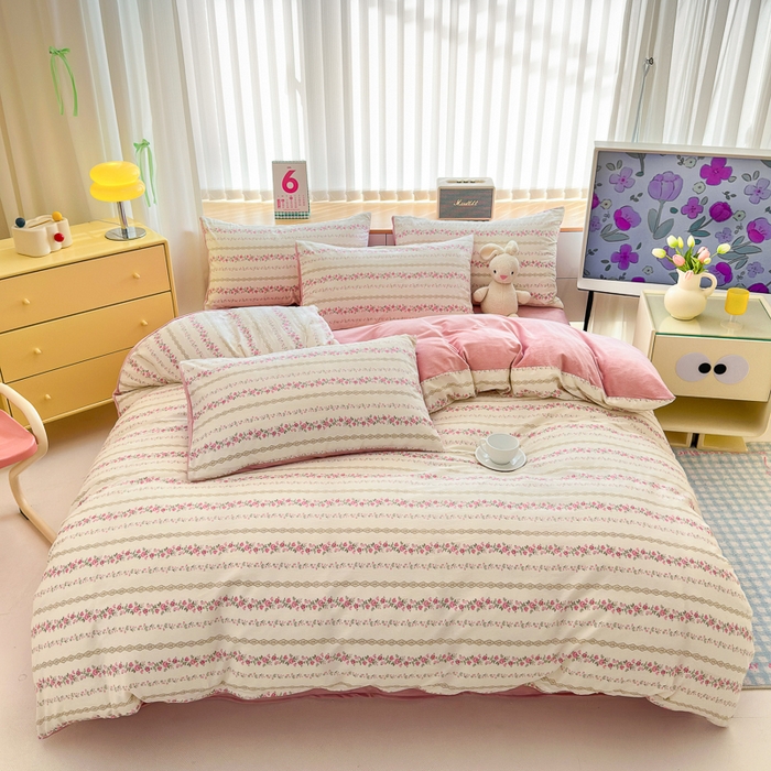 91家纺网 家纺一手货源 找家纺 清雅福 2024新款小清新ins棉加绒印花四件套系列-棉绒风格二 玫瑰物语