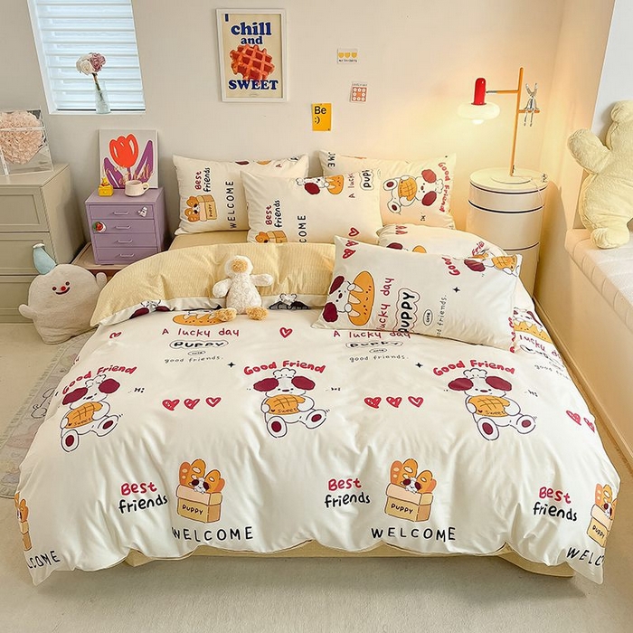 91家纺网 家纺一手货源 找家纺 麦伦家居 2024全棉斜纹13372小清新碎花卡通系列四件套 面包熊