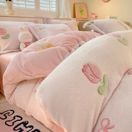 沐慕 2024新款卡通印花雪花绒四件套加厚牛奶绒四件套 粉嫩郁金香