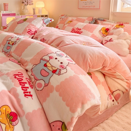 名兮 2024新款卡通时尚风高克重牛奶绒四件套 格子兔