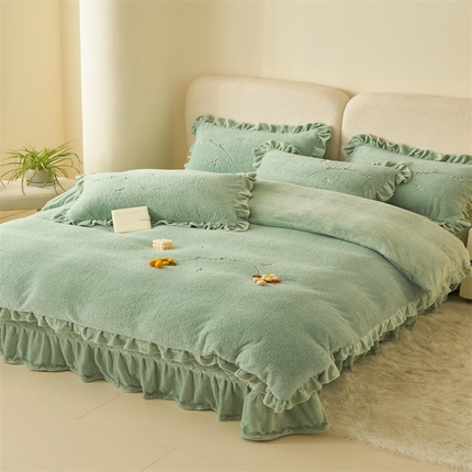 91家纺网 家纺一手货源 找家纺 恒爱家纺 2024新款泰迪绒韩版床单床盖四件套 浅灰蓝