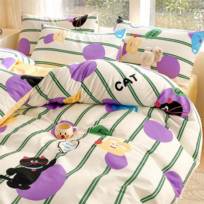 91家纺网 家纺一手货源 找家纺 麦伦家居 2024全棉斜纹13372小清新碎花卡通系列四件套 猫咪精灵