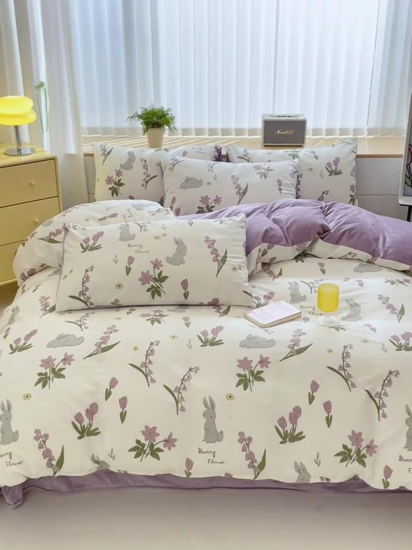 91家纺网 家纺一手货源 找家纺 清雅福 2024新款小清新ins棉加绒印花四件套系列-棉绒风格二 紫色花铃