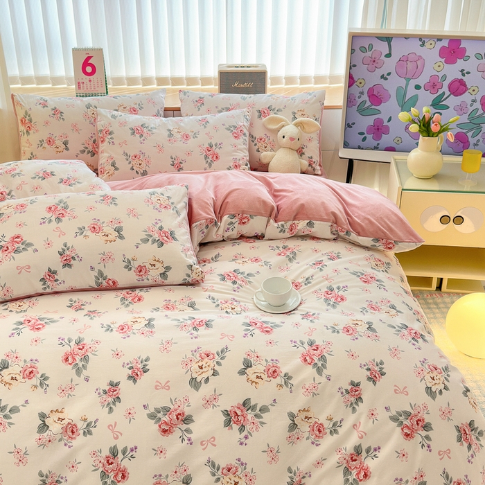 91家纺网 家纺一手货源 找家纺 清雅福 2024新款小清新ins棉加绒印花四件套系列-棉绒风格二 肉桂乌龙