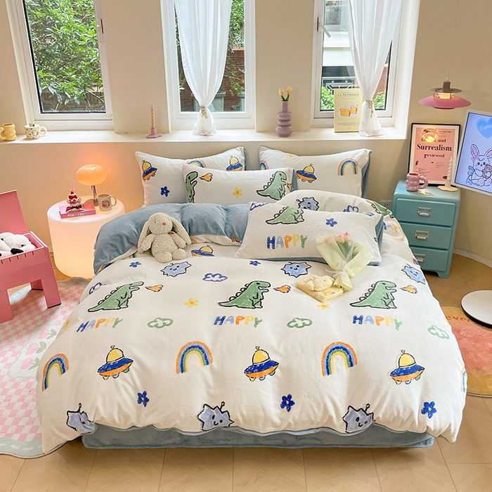 91家纺网 家纺一手货源 找家纺 雅居纺家纺 2024新款高克重印花牛奶绒四件套 开心龙