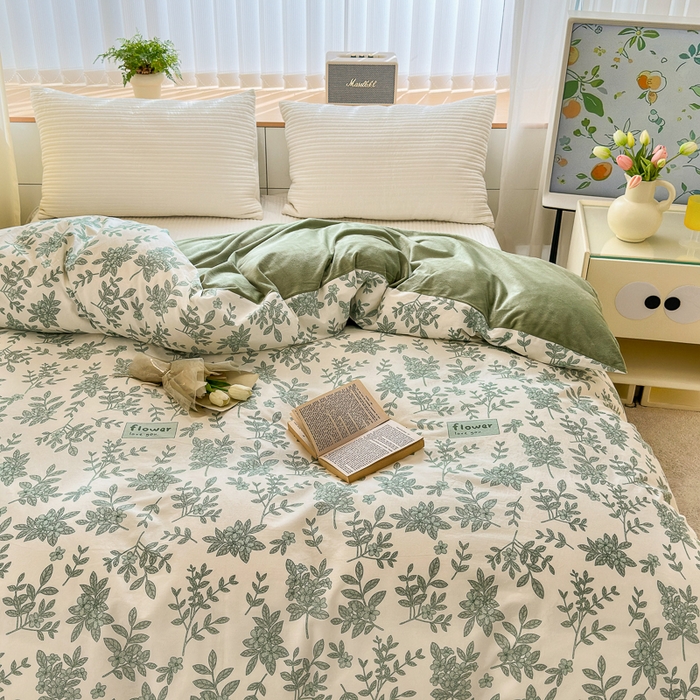 91家纺网 家纺一手货源 找家纺 清雅福 2024新款小清新ins棉加绒印花四件套系列-棉绒风格二 绿意黯然