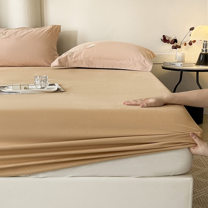  2024新款【A类母婴级】加厚全棉磨毛四件套纯棉保暖床笠纯色床垫保护罩冬季单件床上用品 果棕【A类加厚全棉品质】
