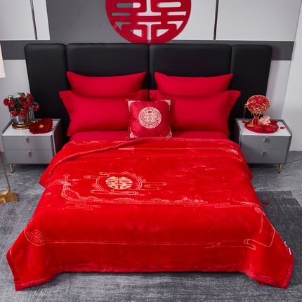 凯轩毛毛毯毯子网销专供 2024新款新中式大版印花双层云毛毯毯子 云纹喜字