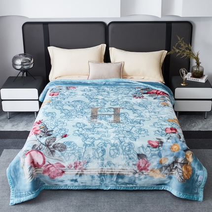 凯轩毛毛毯毯子网销专供 2024新款新中式大版印花双层云毛毯毯子 蓝色妖姬