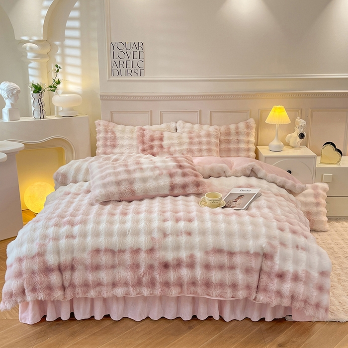 91家纺网 家纺一手货源 找家纺 欧冠家纺 2024秋冬新款纯色泡泡绒和七彩泡泡床裙款四件套 七彩-少女粉