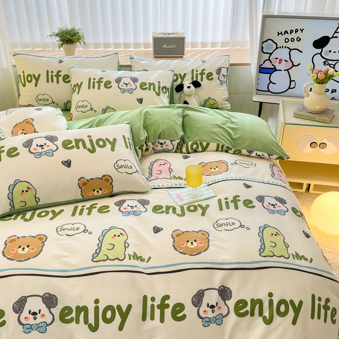 91家纺网 家纺一手货源 找家纺 清雅福 2024新款小清新ins棉加绒印花四件套系列-棉绒风格二 哈哈乐园