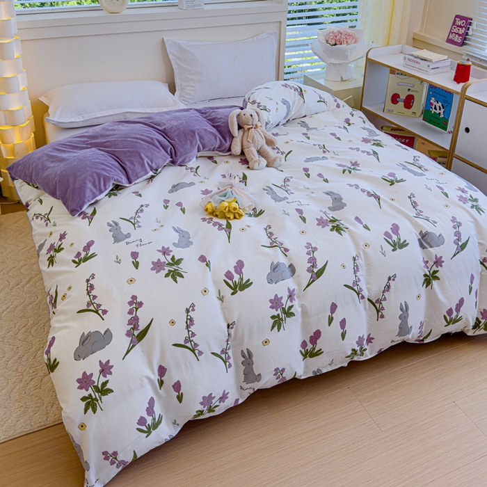 91家纺网 家纺一手货源 找家纺 清雅福 2024新款小清新ins棉加绒印花四件套系列-棉绒风格一 棉绒紫色花铃