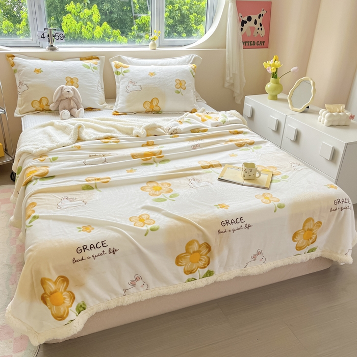 91家纺网 家纺一手货源 找家纺 沐慕 2024新款AB版牛奶绒拼羊羔绒毛毯毯子 毛毯-花漾兔