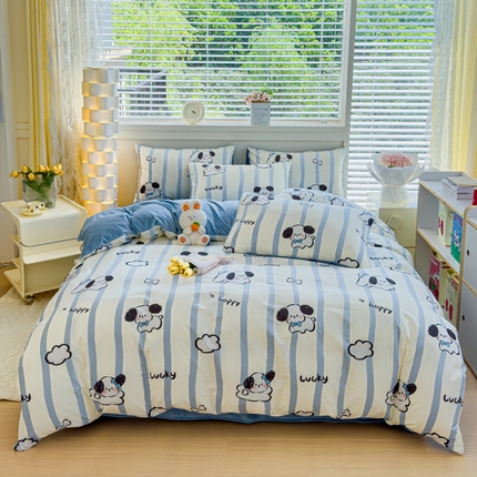 清雅福 2024新款小清新ins棉加绒印花四件套系列-棉绒风格一 棉绒条纹狗狗