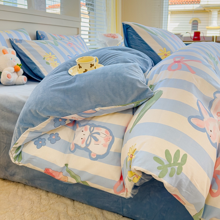 91家纺网 家纺一手货源 找家纺 清雅福 2024新款小清新ins棉加绒印花四件套系列-棉绒风格一 棉绒大白兔