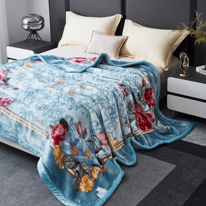 91家纺网 家纺一手货源 找家纺 凯轩毛毛毯毯子网销专供 2024新款新中式大版印花双层云毛毯毯子 蓝色妖姬