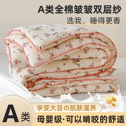 芯恋家居 2025新款秋冬款母婴级全棉皱皱双层纱大豆被春秋被加厚大豆被 春意盎然