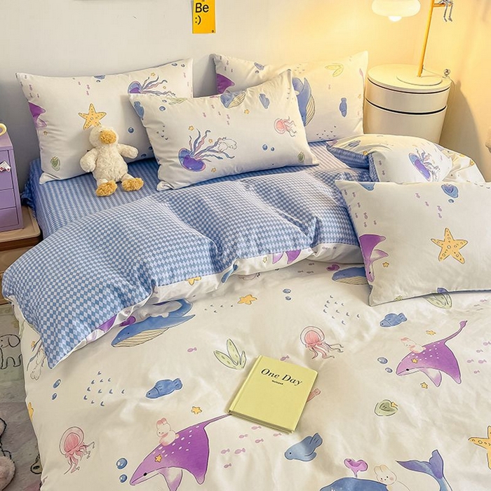 91家纺网 家纺一手货源 找家纺 麦伦家居 2024全棉斜纹13372小清新碎花卡通系列四件套 海底世界