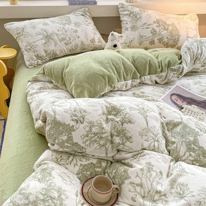 91家纺网 家纺一手货源 找家纺 雅居纺家纺 2024新款高克重印花牛奶绒单枕套 幻境-绿