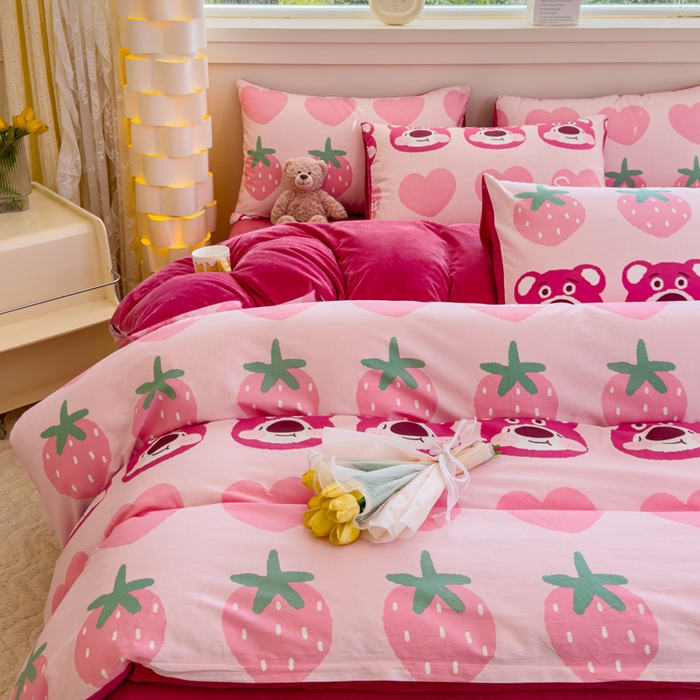 91家纺网 家纺一手货源 找家纺 清雅福 2024新款小清新ins棉加绒印花四件套系列-棉绒风格一 棉绒甜心熊