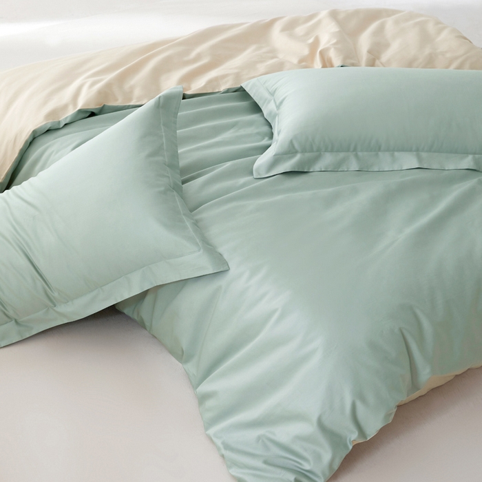 91家纺网 家纺一手货源 找家纺 轩和家居 2024新款简约纯色50s长绒棉贡缎四件套 薄荷绿+浅香槟