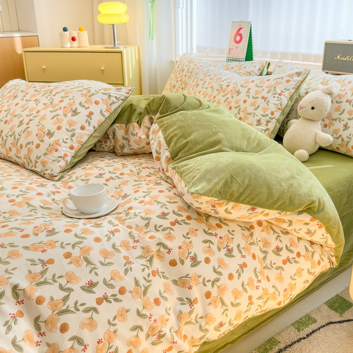 91家纺网 家纺一手货源 找家纺 清雅福 2024新款小清新ins棉加绒印花四件套系列-棉绒风格二 花千朵