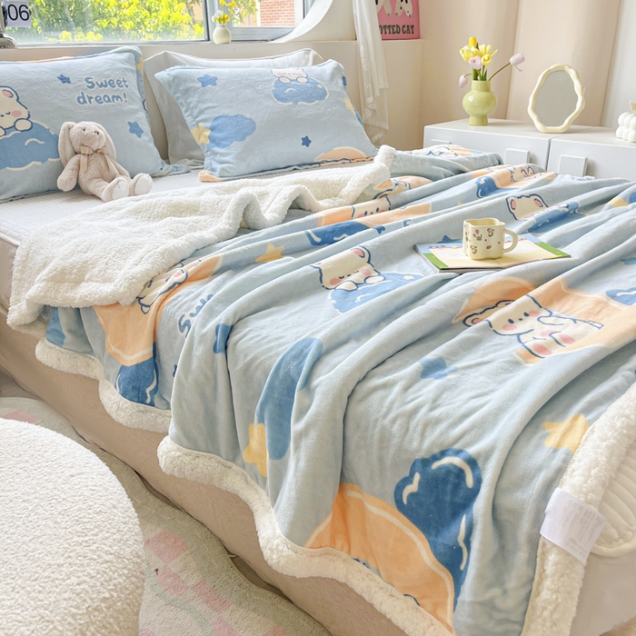 91家纺网 家纺一手货源 找家纺 沐慕 2024新款AB版牛奶绒拼羊羔绒毛毯毯子 毛毯-晚安熊