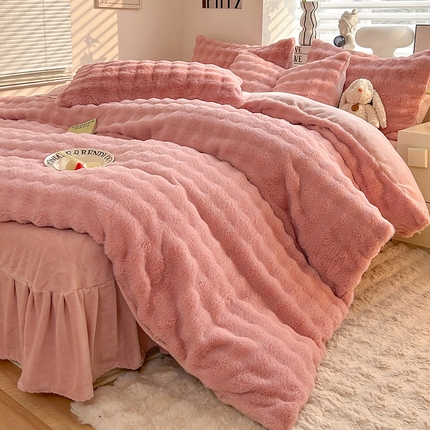 欧冠家纺 2024秋冬新款纯色泡泡绒和七彩泡泡床裙款四件套 泡泡-甜心粉