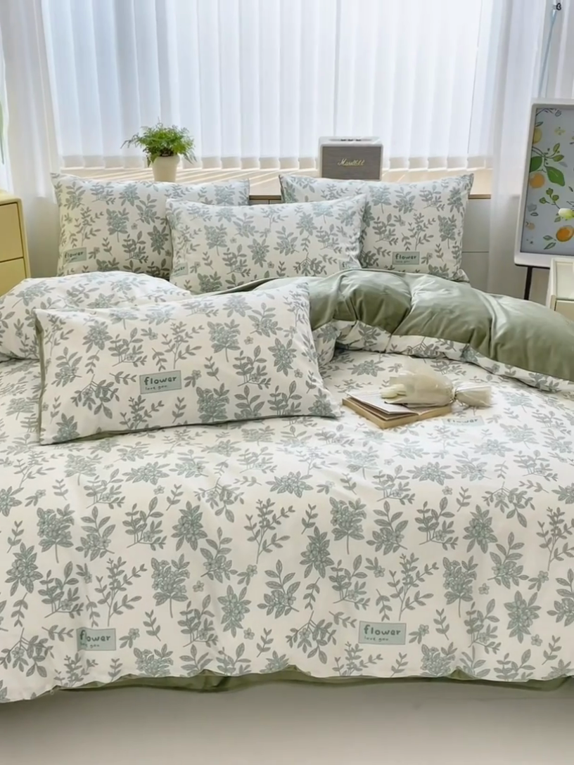 91家纺网 家纺一手货源 找家纺 清雅福 2024新款小清新ins棉加绒印花四件套系列-棉绒风格二 绿意黯然