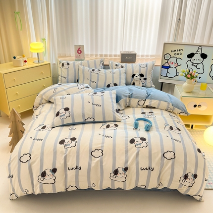 清雅福 2024新款小清新ins棉加绒印花四件套系列-棉绒风格二 条纹狗狗