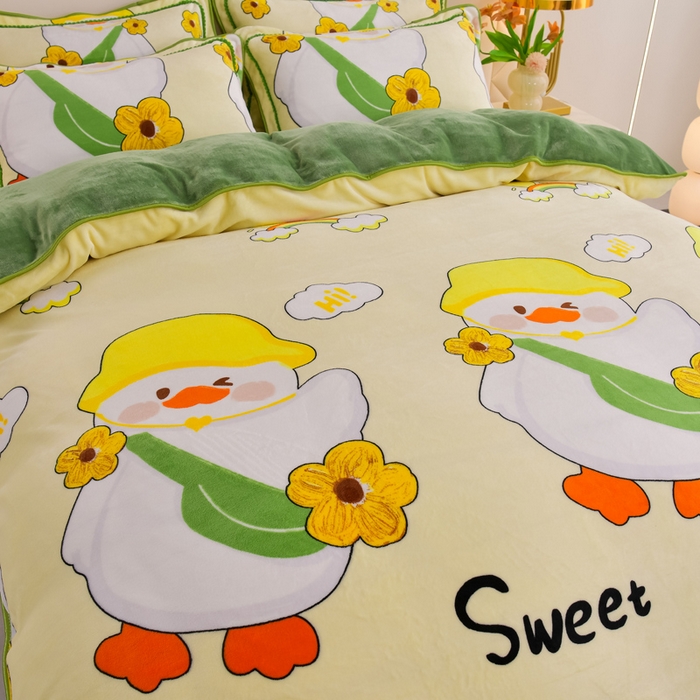 91家纺网 家纺一手货源 找家纺 金柚子 2024新款加厚牛奶绒四件套 你好小黄鸭