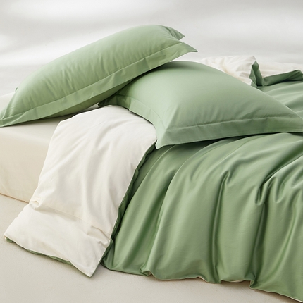 轩和家居 2024新款简约纯色50s长绒棉贡缎四件套 抹茶绿+奶芋黄