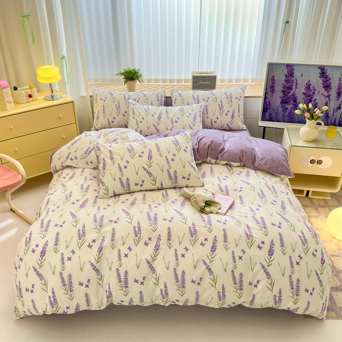 91家纺网 家纺一手货源 找家纺 清雅福 2024新款小清新ins棉加绒印花四件套系列-棉绒风格二 紫瑶