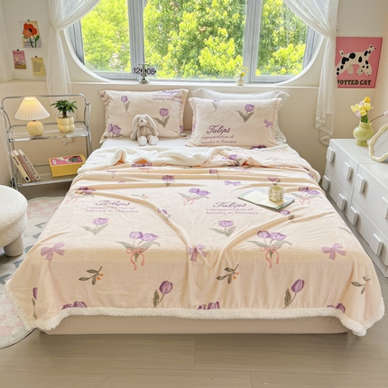 沐慕 2024新款AB版牛奶绒拼羊羔绒毛毯毯子 毛毯-紫色郁金香