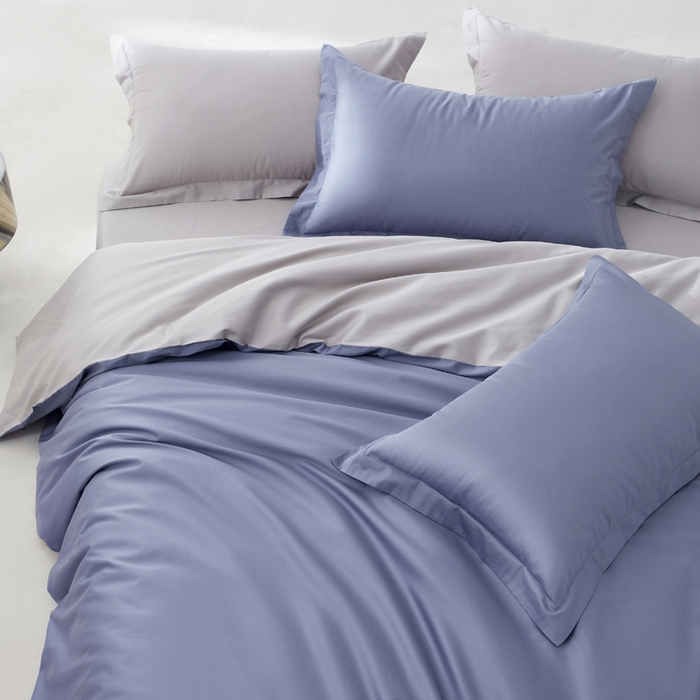 91家纺网 家纺一手货源 找家纺 轩和家居 2024新款简约纯色50s长绒棉贡缎四件套 海茵蓝+雅士灰