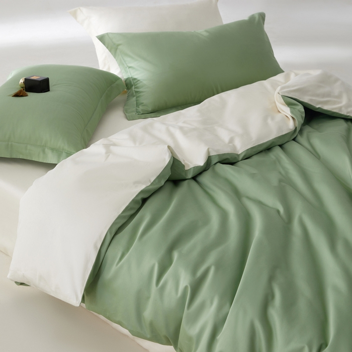 91家纺网 家纺一手货源 找家纺 轩和家居 2024新款简约纯色50s长绒棉贡缎四件套 抹茶绿+奶芋黄