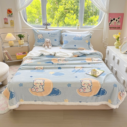 沐慕 2024新款AB版牛奶绒拼羊羔绒毛毯毯子 毛毯-晚安熊