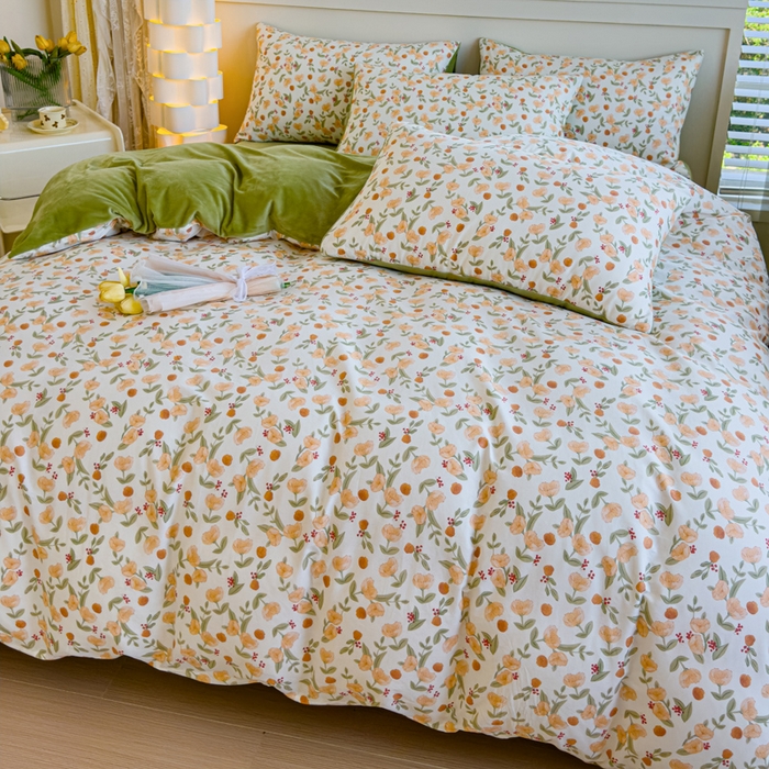 91家纺网 家纺一手货源 找家纺 清雅福 2024新款小清新ins棉加绒印花四件套系列-棉绒风格一 棉绒花千朵