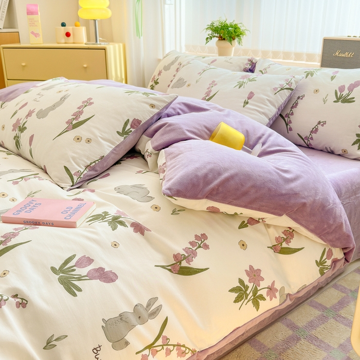 91家纺网 家纺一手货源 找家纺 清雅福 2024新款小清新ins棉加绒印花四件套系列-棉绒风格二 紫色花铃