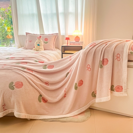 沐慕 2024新款加厚雪花绒菠萝格宽幅包边毛毯 毛毯-粉嫩郁金香