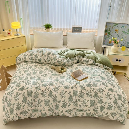 清雅福 2024新款小清新ins棉加绒印花四件套系列-棉绒风格二 绿意黯然