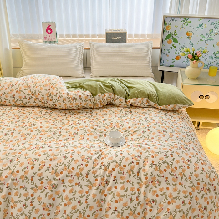 91家纺网 家纺一手货源 找家纺 清雅福 2024新款小清新ins棉加绒印花四件套系列-棉绒风格二 花千朵